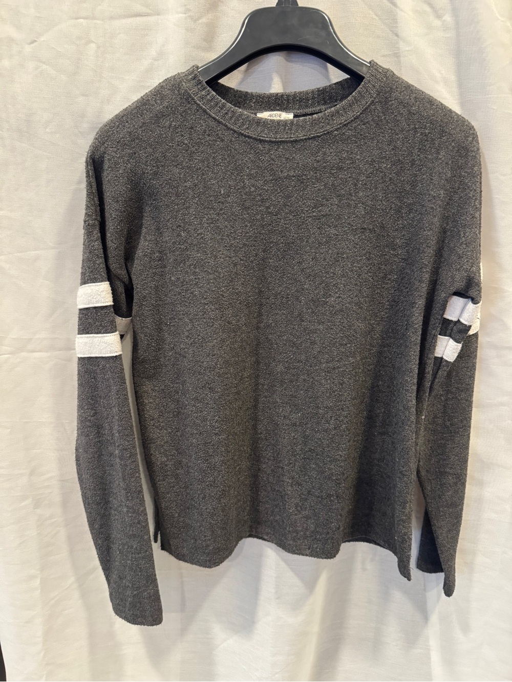 Ardene women’s Charcoal Crewneck Sweater with White Sleeve Stripes
